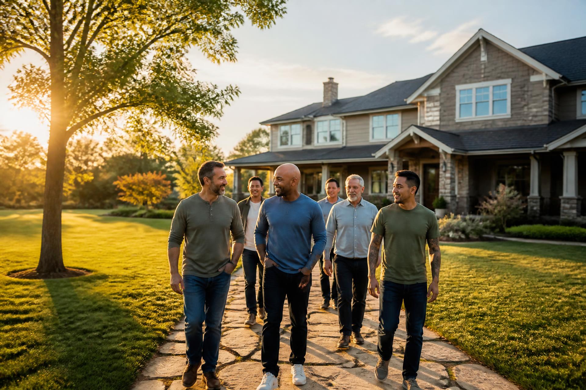 Residents walking together outside a welcoming recovery home at sunrise