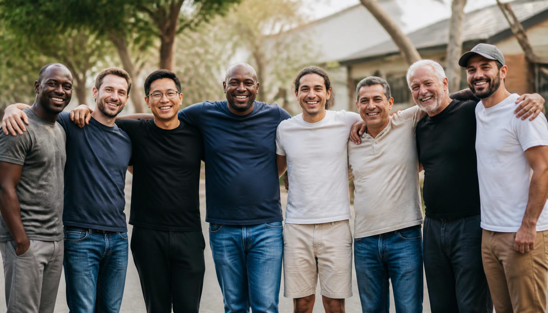 Men of all backgrounds standing together with arms connected in unity